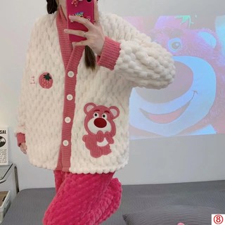 Kuaishou live strawberry bear pyjamas women autumn winter fleece lining winter flannel japanese homewear suit
