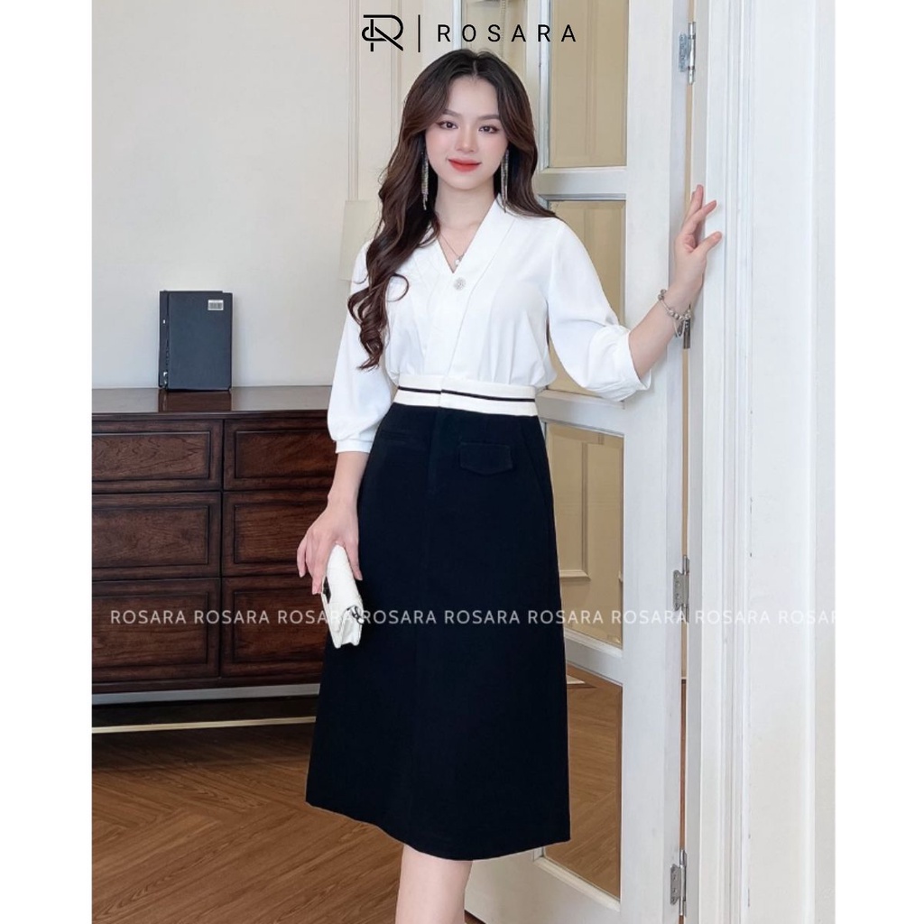 Chân Váy Đen Dài Cạp Trắng Kẻ Đen Thời Trang Nữ Rosara CV40