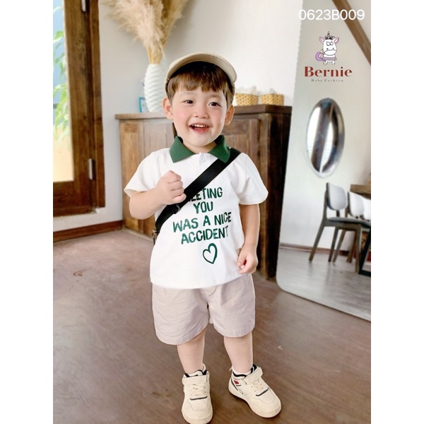 Bộ cộc tay bé trai Meeting you cho bé từ 9-22kg Bernie - Bộ bé trai mùa hè áo polo quần thô - 0623B009