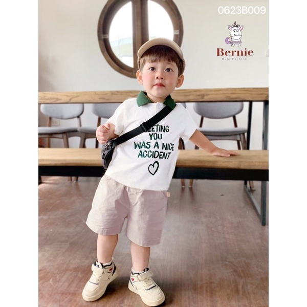 Bộ cộc tay bé trai Meeting you cho bé từ 9-22kg Bernie - Bộ bé trai mùa hè áo polo quần thô - 0623B009