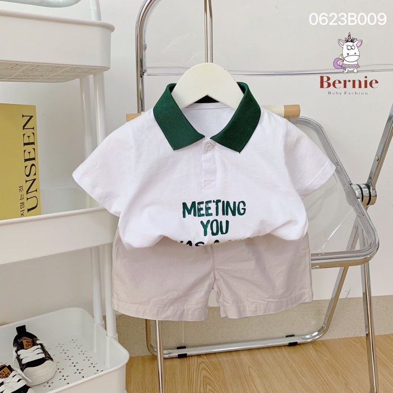 Bộ cộc tay bé trai Meeting you cho bé từ 9-22kg Bernie - Bộ bé trai mùa hè áo polo quần thô - 0623B009