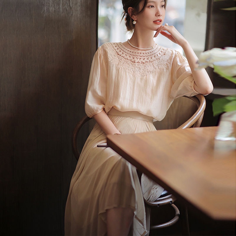 phong cách nhẹ nhàng bất ngờ khâu ren khí chất kiểu pháp sang trọng lỏng lẻo bộ đồ lười váy nữ