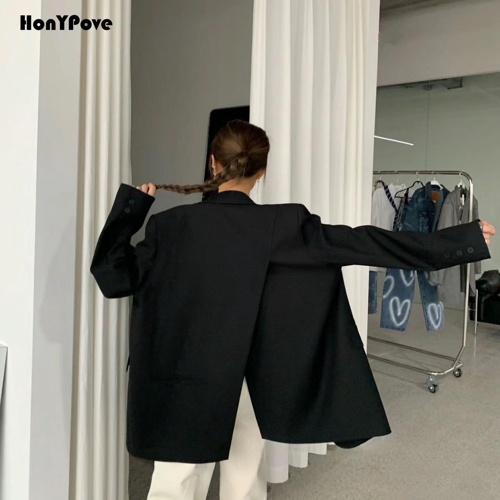 Honypove 2023 spring autumn new style black suit jacket women split high-end loose suit