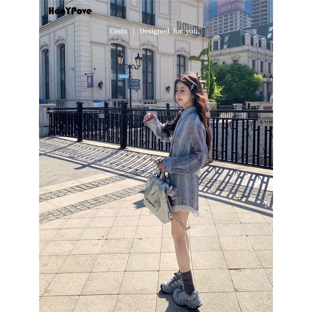 Honypove Bộ đồ pháp sọc thêu khâu ren áo sơ mi váy phù hợp với váy phụ nữ