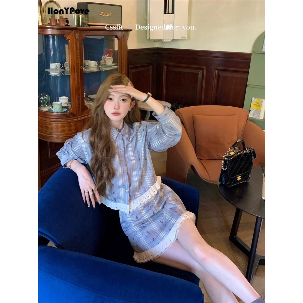 Honypove Bộ đồ pháp sọc thêu khâu ren áo sơ mi váy phù hợp với váy phụ nữ