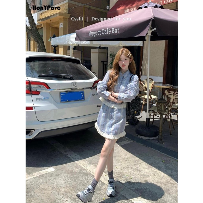 Honypove Bộ đồ pháp sọc thêu khâu ren áo sơ mi váy phù hợp với váy phụ nữ