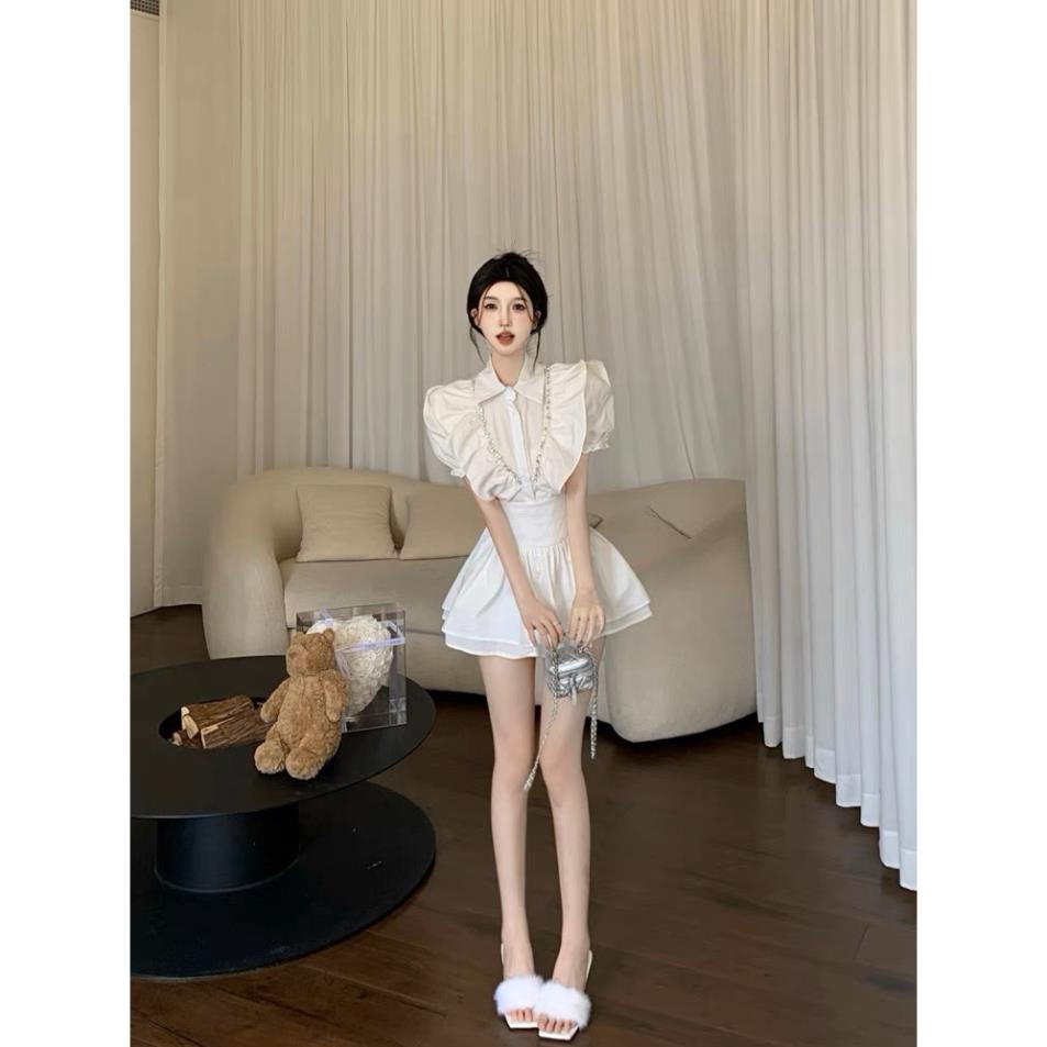 Set áo trắng viền bèo kèm chân váy bèo tầng, bộ đầm ullzang tiểu thư trắng