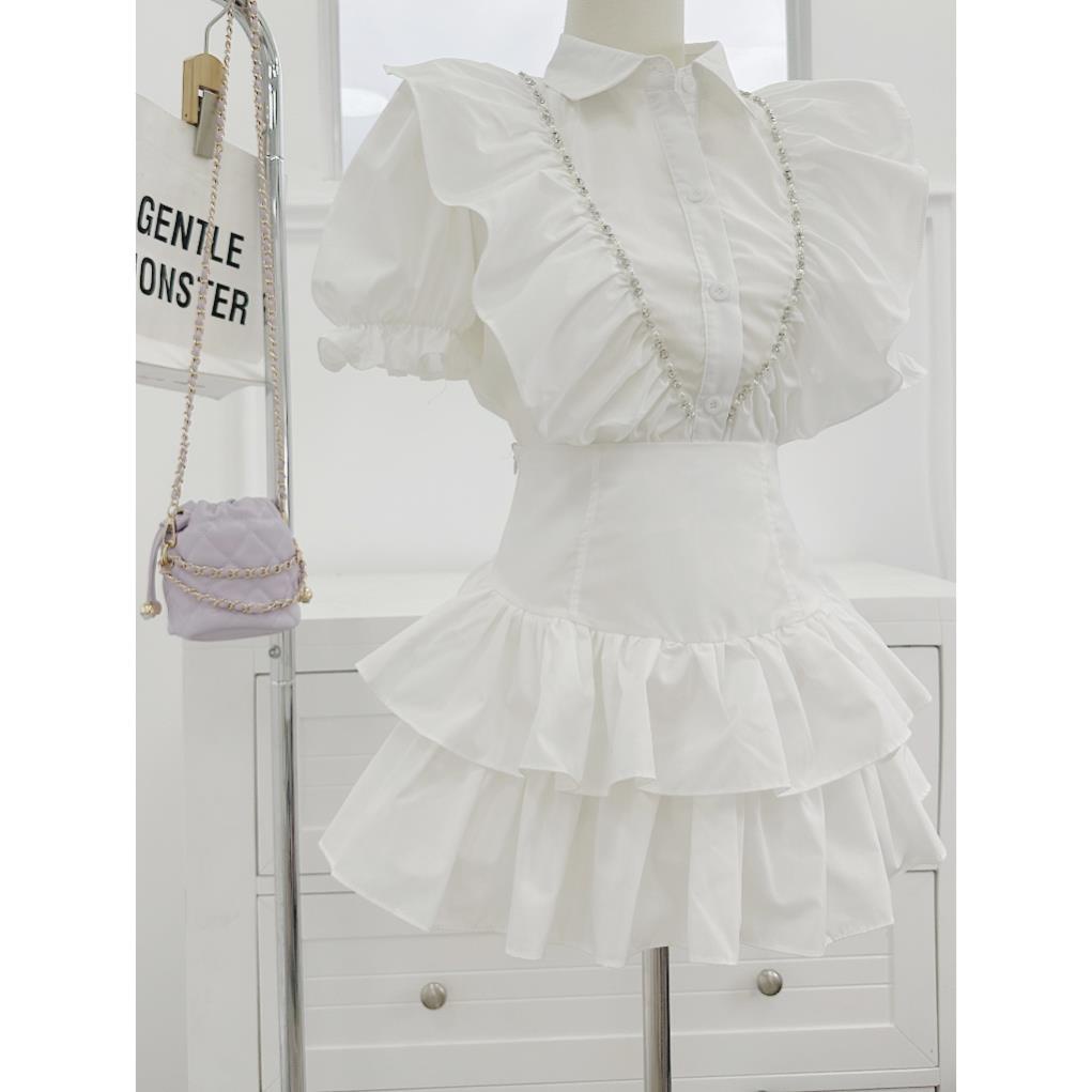 Set áo trắng viền bèo kèm chân váy bèo tầng, bộ đầm ullzang tiểu thư trắng