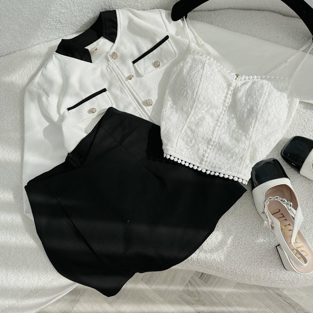 Set áo trắng viền bèo kèm chân váy bèo tầng, bộ đầm ullzang tiểu thư trắng