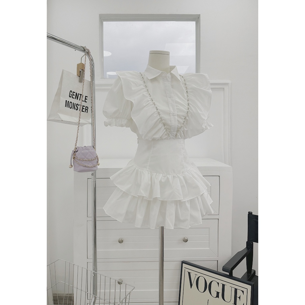 Set áo trắng viền bèo kèm chân váy bèo tầng, bộ đầm ullzang tiểu thư trắng