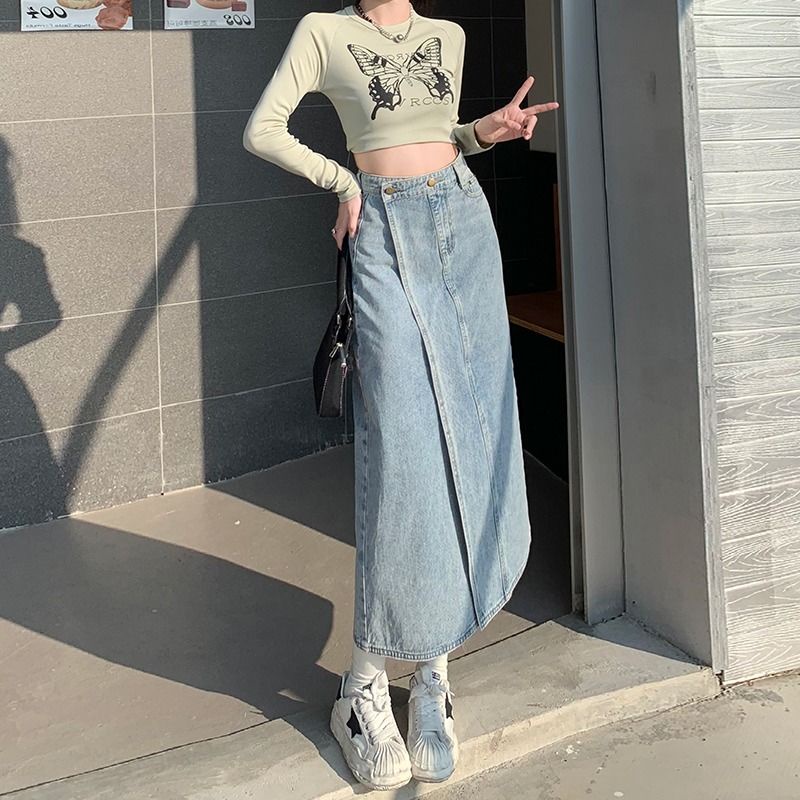 Thiết kế váy denim cạp cao xẻ tà cho phụ nữ mùa hè 2023 phong cách mới không đều all-match mỏng hơn trông váy bó sát