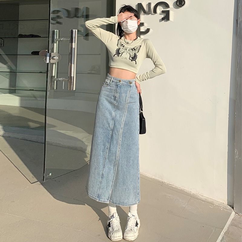 Thiết kế váy denim cạp cao xẻ tà cho phụ nữ mùa hè 2023 phong cách mới không đều all-match mỏng hơn trông váy bó sát