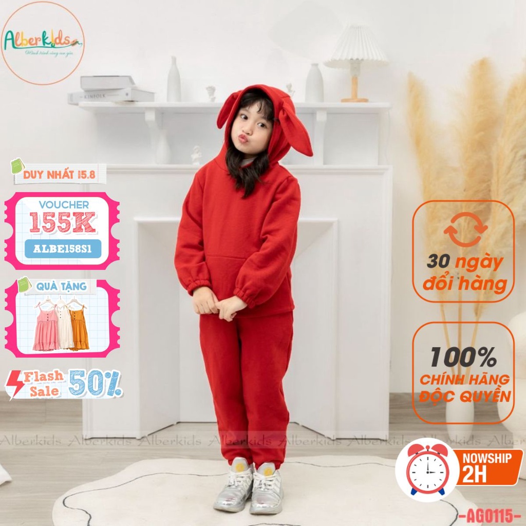 Bộ nỉ thu đông tai thỏ đáng yêu ALBER KIDS cho bé gái 2,3,4,5,6,7,8,9,10,11,12 tuổi [AG0115]