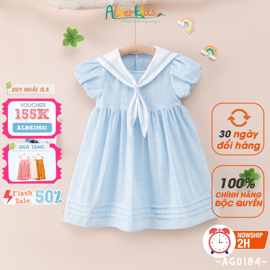 Váy bé gái ALBERKIDS xanh cổ trắng phối nơ công chúa xinh đẹp cho trẻ em 2,3,4,5,6,7,8,9,10,11,12 tuôi [AG0184 ]