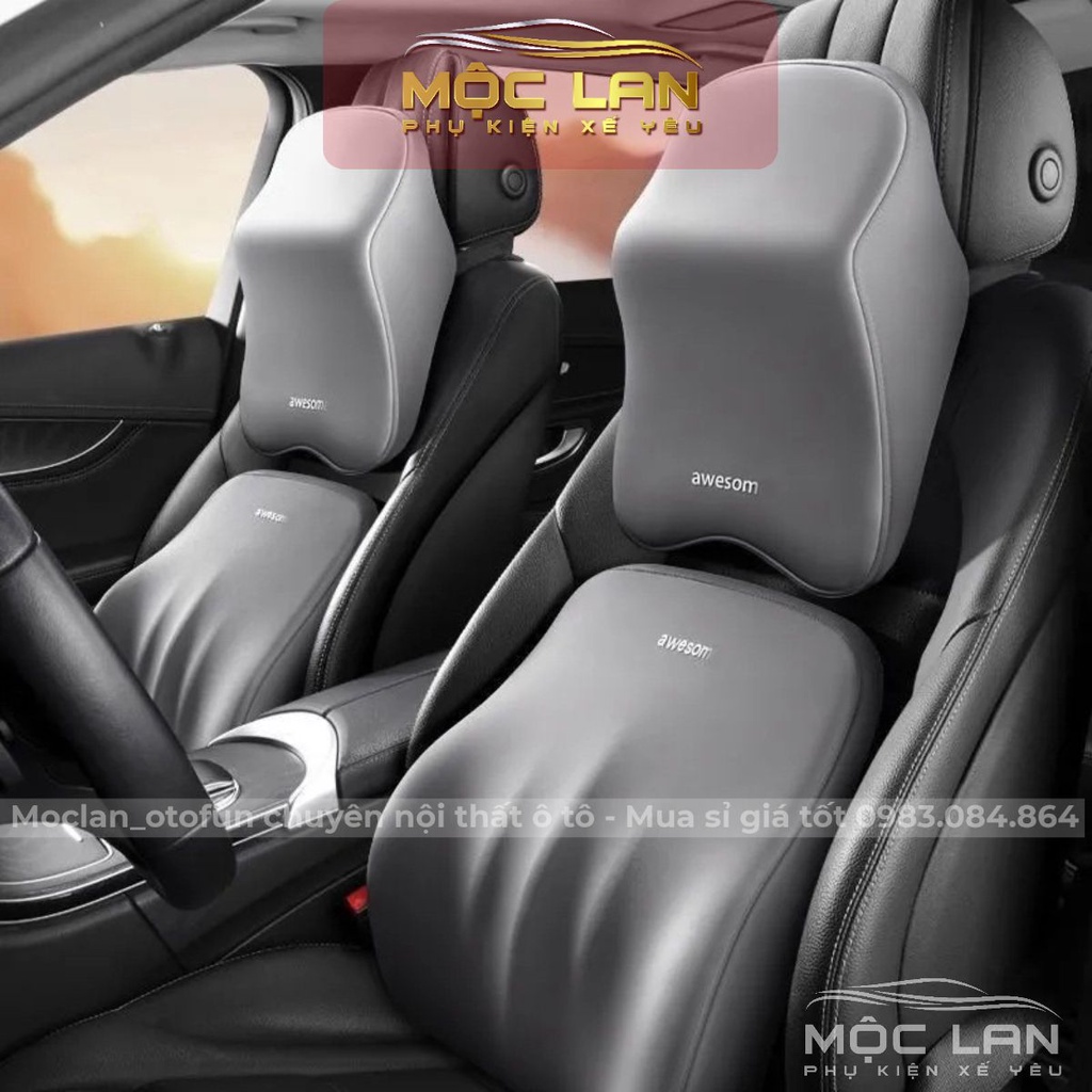 Bộ tựa đầu tựa lưng cao su non nguyên khối - gối tựa đầu tựa lưng trên ô tô Dáng cá vỏ bọc vải cotton không xù AWESOME