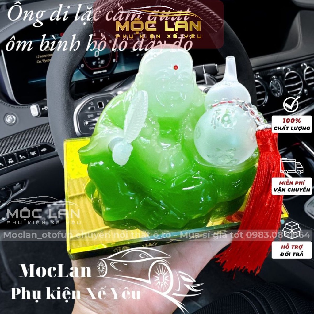 Tượng di lặc cầm hồ lô đặt táp lô xe ô tô biểu tượng cho sự an lạc, vui vẻ, may mắn chất liệu đá ngọc cao cấp