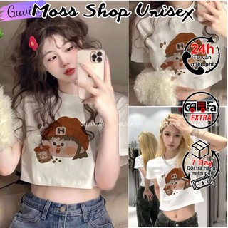 Áo Croptop Cô Gái Cốc Tsữa Cổ Tròn Tay Ngắn Ôm Body MOSSSHOPUNISEX - Áo Thun Croptop Kiểu In Chất Borip