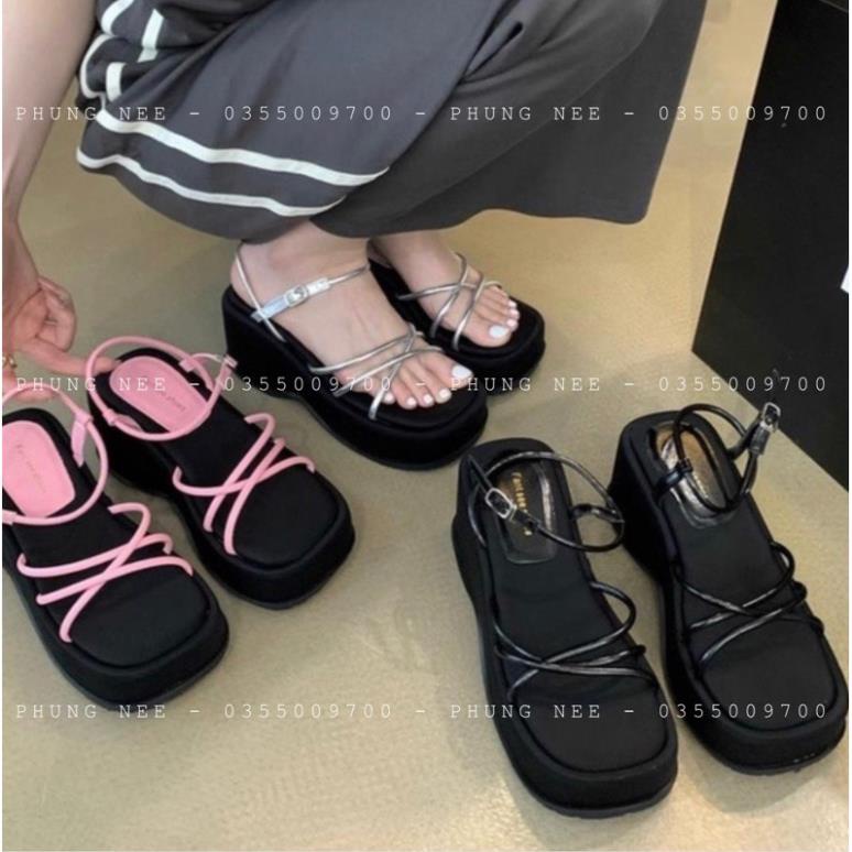 (Sẵn) Giày sandal nữ đế đen xuồng phối dây mảnh màu thiết kế basic cao 7cm - Giày thời trang phong cách xuồng hiện đại