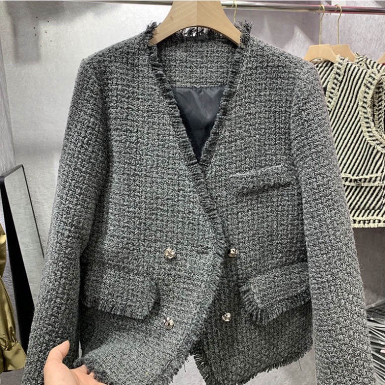 Áo khoác dạ tweed xám, dáng dài, cổ V, Quảng châu cao (STR05) . | BigBuy360 - bigbuy360.vn