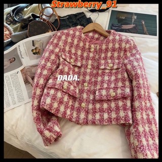 Áo khoác dạ tweed hồng cao cấp, cổ tròn cúc đồng, dạ mềm đứng phom .