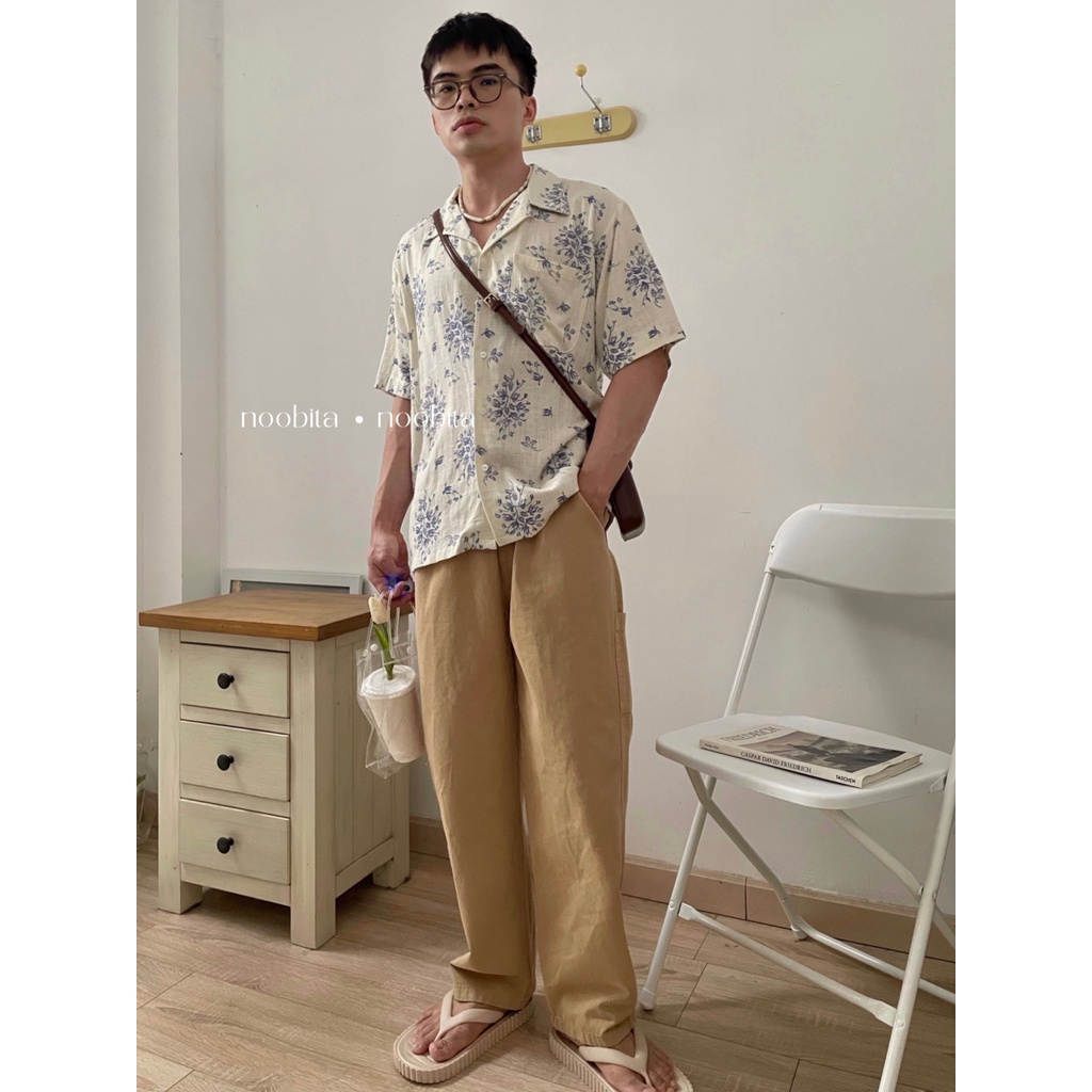 NOOBITA - Sơ mi tay ngắn cổ vest hoạ tiết hoa xanh 8009