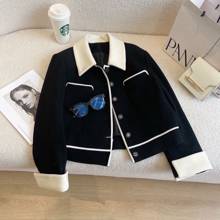 Áo khoác dạ tweed đen trắng cổ bẻ, quảng châu 2 lớp . | BigBuy360 - bigbuy360.vn