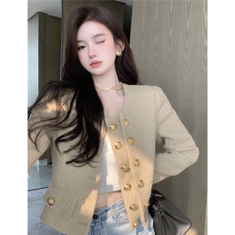 Áo khoác dạ tweed nâu quảng châu 2 hàng cúc mạ .