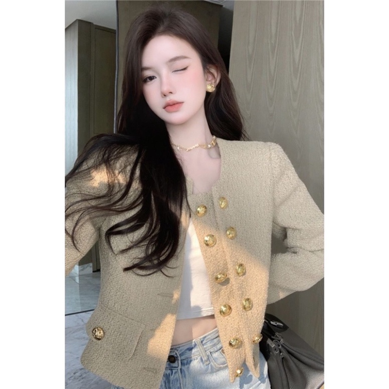 Áo khoác dạ tweed nâu quảng châu 2 hàng cúc mạ .