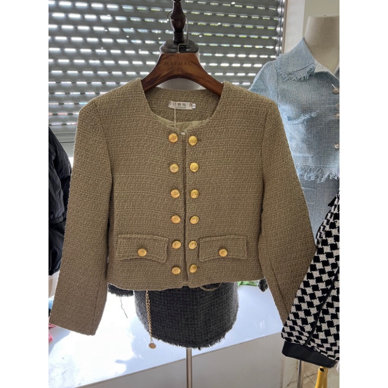 Áo khoác dạ tweed nâu quảng châu 2 hàng cúc mạ .