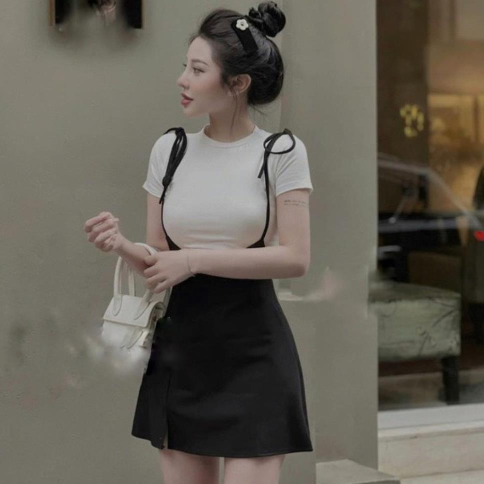 Set váy áo thun tăm xẻ đùi chất co giãn mềm mịn có quần trong, set váy nữ siêu dễ thương