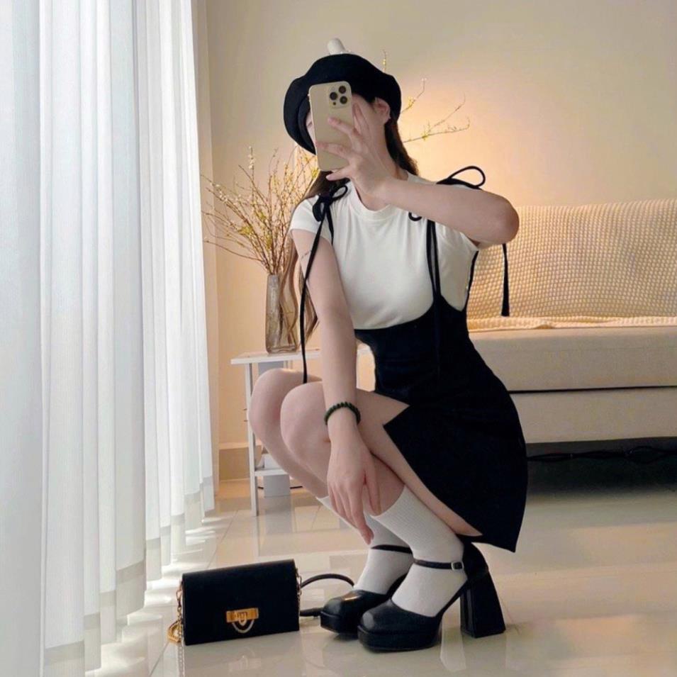 Set váy áo thun tăm xẻ đùi chất co giãn mềm mịn có quần trong, set váy nữ siêu dễ thương