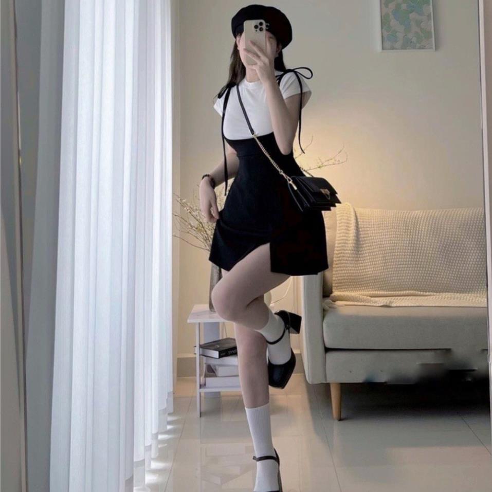 Set váy áo thun tăm xẻ đùi chất co giãn mềm mịn có quần trong, set váy nữ siêu dễ thương