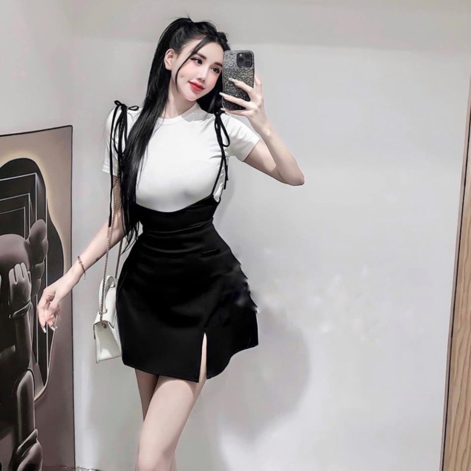 Set váy áo thun tăm xẻ đùi chất co giãn mềm mịn có quần trong, set váy nữ siêu dễ thương