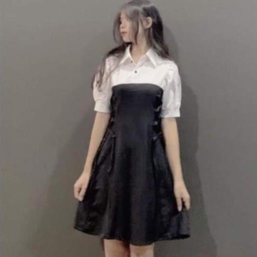 Váy phối sơ mi đan eo xinh xắn chất lụa cát mềm mát, váy nữ xinh Hàn Quốc dễ thương | BigBuy360 - bigbuy360.vn