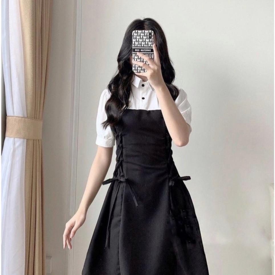 Váy phối sơ mi đan eo xinh xắn chất lụa cát mềm mát, váy nữ xinh Hàn Quốc dễ thương | BigBuy360 - bigbuy360.vn