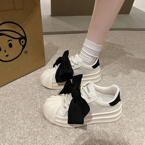 Giày thể thao nữ giày thể thao nữ 2023 mùa hè phong cách mới thoáng khí nơ dày-chân cao giày trắng