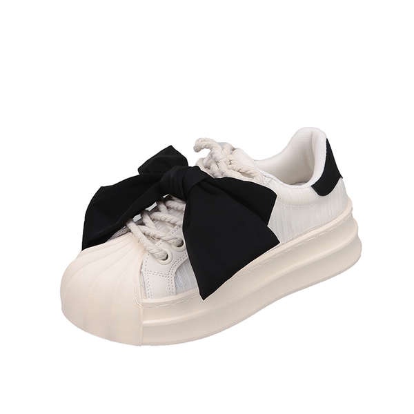 Giày thể thao nữ giày thể thao nữ 2023 mùa hè phong cách mới thoáng khí nơ dày-chân cao giày trắng