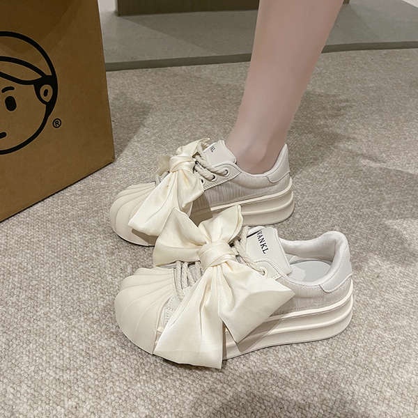 Giày thể thao nữ giày thể thao nữ 2023 mùa hè phong cách mới thoáng khí nơ dày-chân cao giày trắng