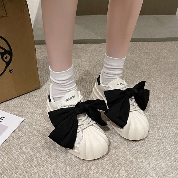 Giày thể thao nữ giày thể thao nữ 2023 mùa hè phong cách mới thoáng khí nơ dày-chân cao giày trắng