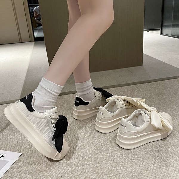 Giày thể thao nữ giày thể thao nữ 2023 mùa hè phong cách mới thoáng khí nơ dày-chân cao giày trắng