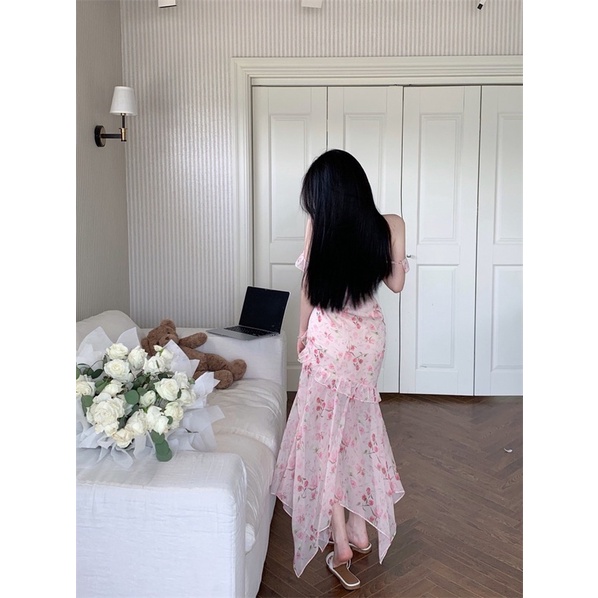 Đầm Hoa Không Tay Phối Bèo DÁng Dài Đuôi Cá T90
