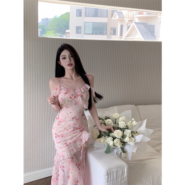 Đầm Hoa Không Tay Phối Bèo DÁng Dài Đuôi Cá T90