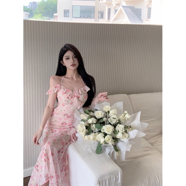 Đầm Hoa Không Tay Phối Bèo DÁng Dài Đuôi Cá T90