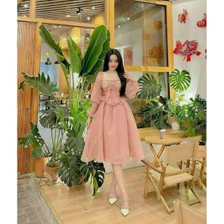 Đầm xòe thời trang nữ mặc đi chơi chất liệu voan tơ cao cấp tay dài phía trước có đính hạt và thắt nơ