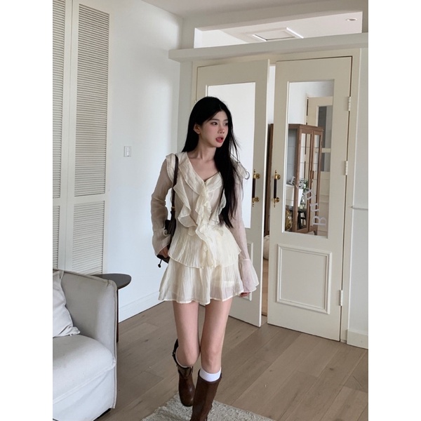 Set nữ áo dài tay phối bèo tua rua dáng ôm nhẹ nhàng nữ tính TH113