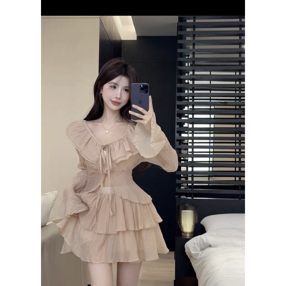Set tơ nhăn mỏng mùa hè cho nữ kèm chân váy tầng