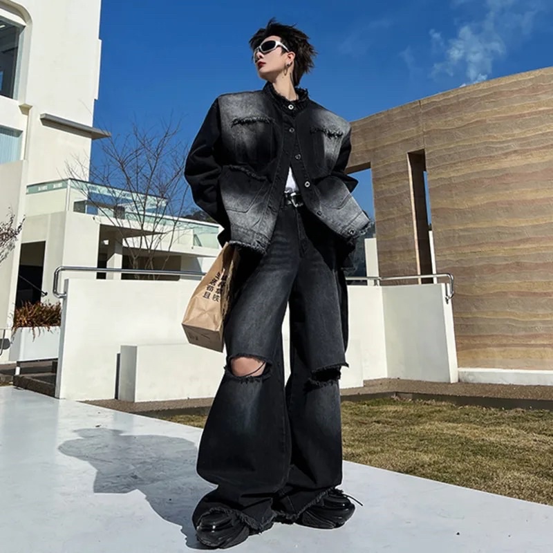 Set Denim Jeans Rock Chic Ver.2 Gồm Áo Khoác Denim Jacket Form Unisex Và Quần Jean Ống Rộng Wash Vằn Form Suông Siêu To