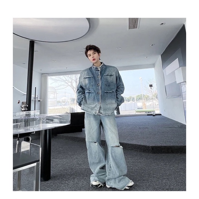 Set Denim Jeans Rock Chic Ver.2 Gồm Áo Khoác Denim Jacket Form Unisex Và Quần Jean Ống Rộng Wash Vằn Form Suông Siêu To.