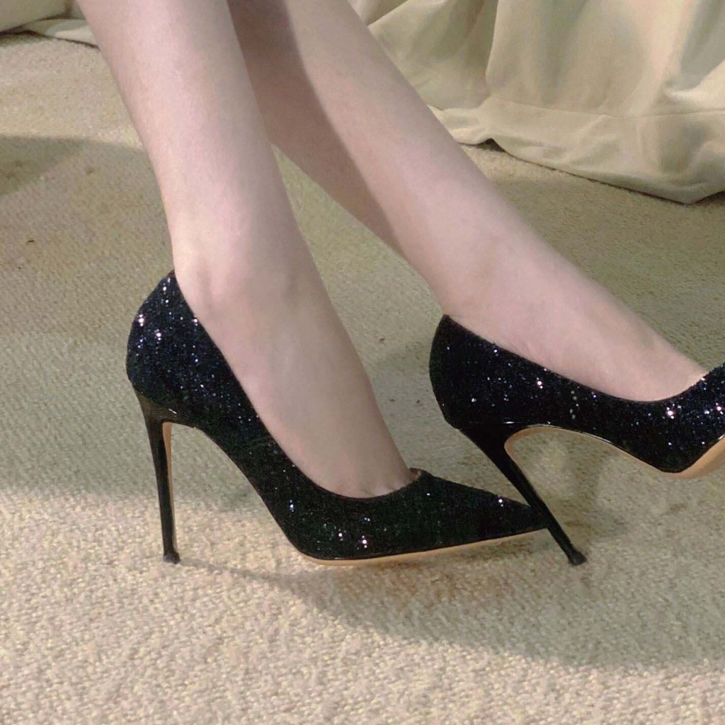 Đen Giày Cao Gót 10cm Mũi Nhọn Đính Kim Sa Lấp Lánh Thời Trang Cho Nữ