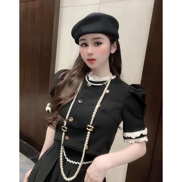 Sét áo chân váy phối viền ren_chất tuyết mưa_Hàng đẹp